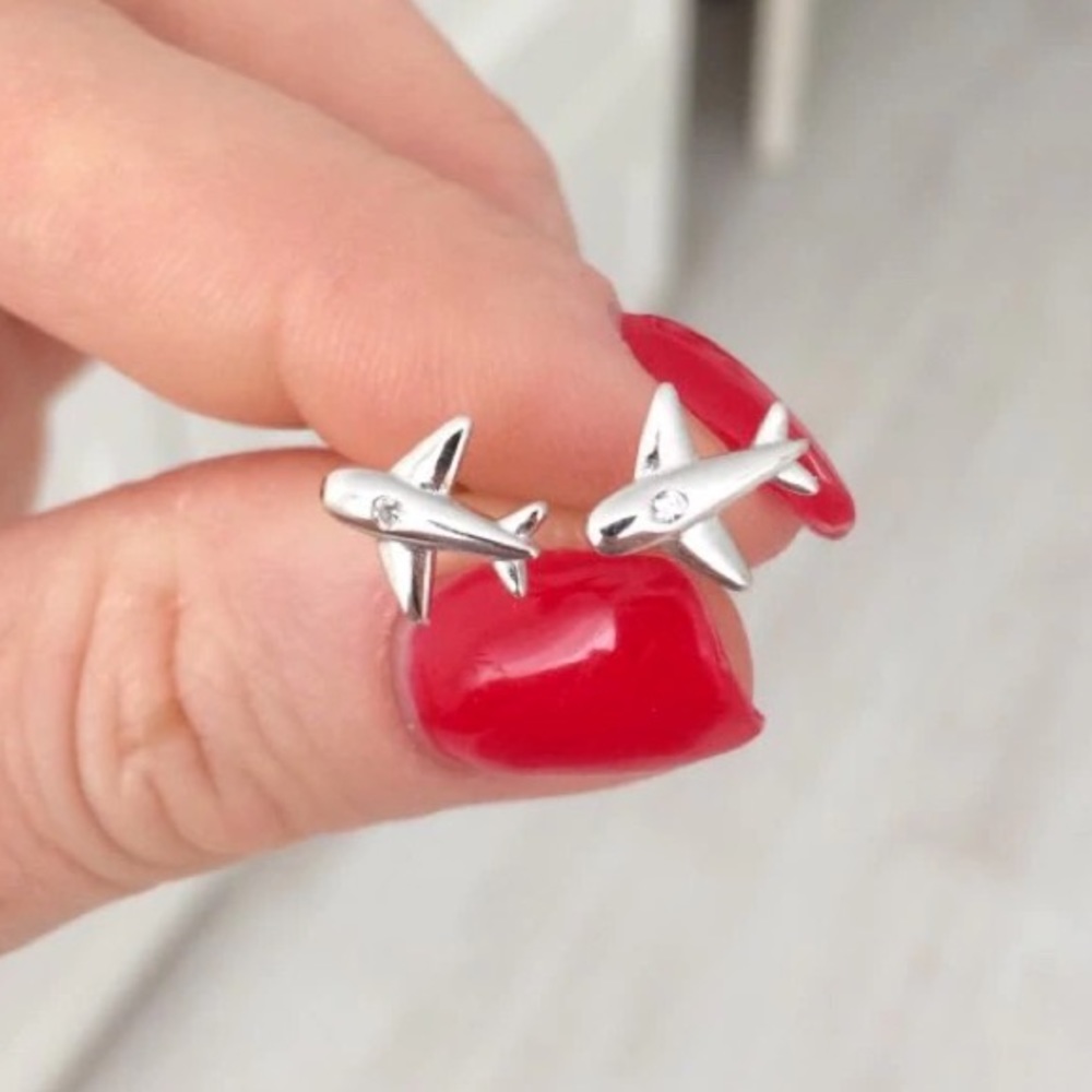 925 Sterling Silver Airplane Stud Earrings - Picture 4 of 7